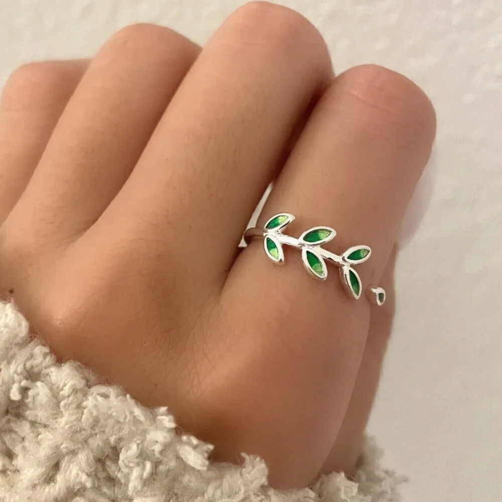 925 Sterling Silver Leaf Wrap Ring Green Dainty Boho Ring Green Leaf Ring